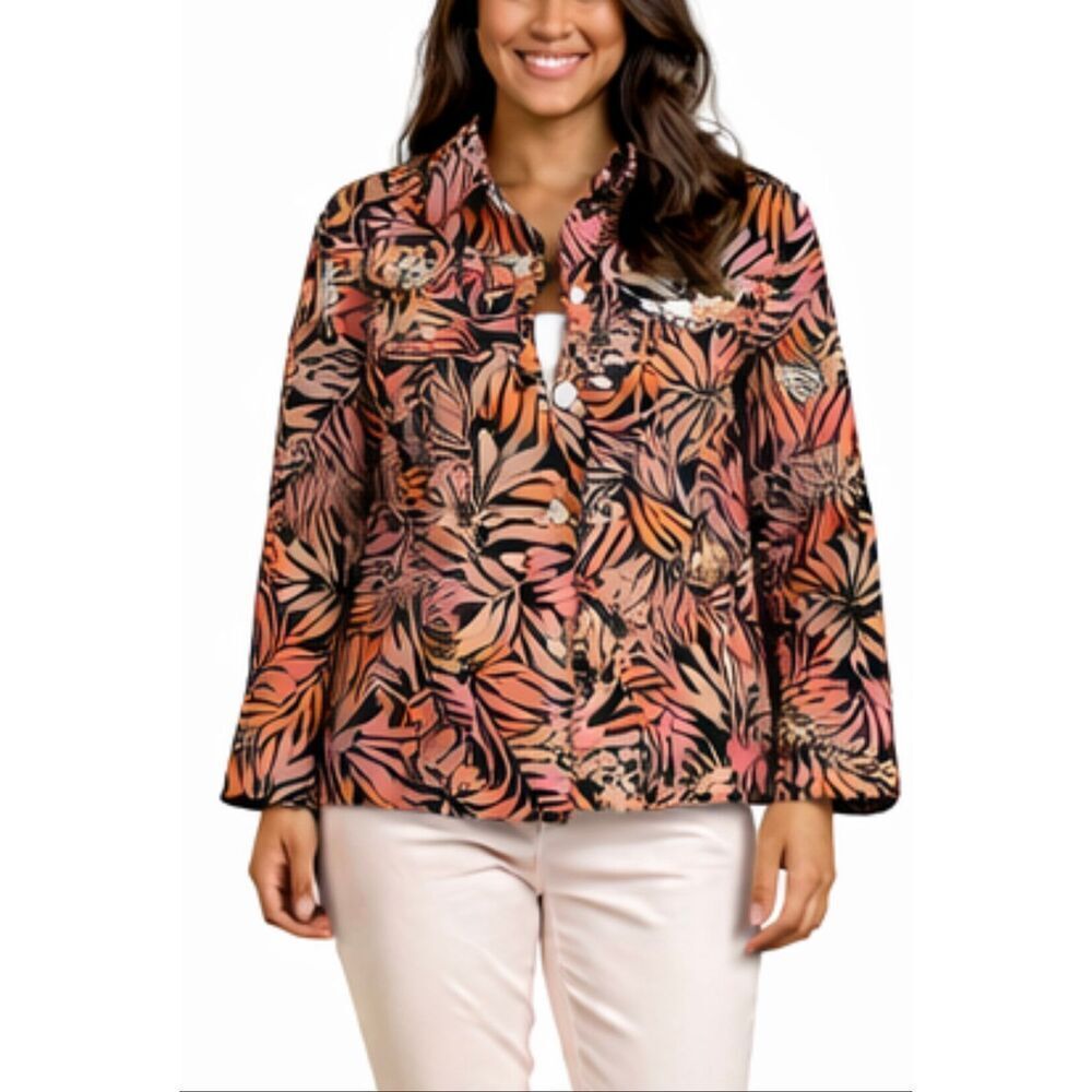 Ruby Red leaf print linen blend sheer jacket 10p